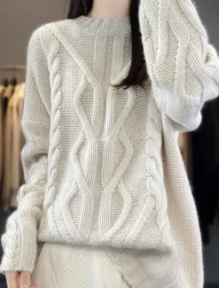 Women's Sweater Casual Soft Pure Color Cable Stand Collar Knitted Long Sleeve Regular Tops Knit Outdoor Daily Weekend Black White Fall Winter