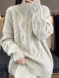 Women's Sweater Casual Soft Pure Color Cable Stand Collar Knitted Long Sleeve Regular Tops Knit Outdoor Daily Weekend Black White Fall Winter