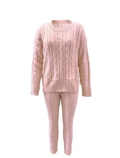 Women's Sweater Casual Solid Color Cable Crew Neck Knitted Long Sleeve Long Tops Knit Weekend Pink Fall Winter