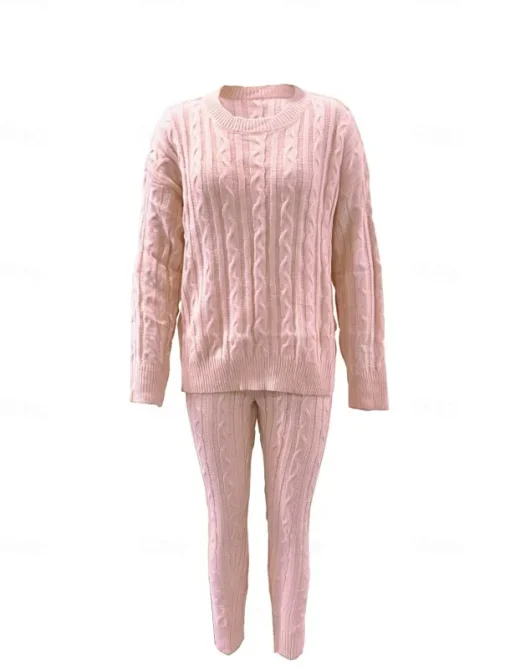 Women's Sweater Casual Solid Color Cable Crew Neck Knitted Long Sleeve Long Tops Knit Weekend Pink Fall Winter