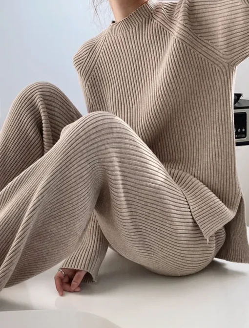 Women's Sweater Co-ords Elegant Fashion Casual Solid Color Ribbed Boat Neck Knitted Long Sleeve Regular Tops Knit Work Blue Khaki Fall Winter
