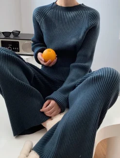Women's Sweater Co-ords Elegant Fashion Casual Solid Color Ribbed Boat Neck Knitted Long Sleeve Regular Tops Knit Work Blue Khaki Fall Winter