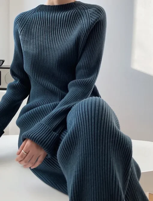 Women's Sweater Co-ords Elegant Fashion Casual Solid Color Ribbed Boat Neck Knitted Long Sleeve Regular Tops Knit Work Blue Khaki Fall Winter