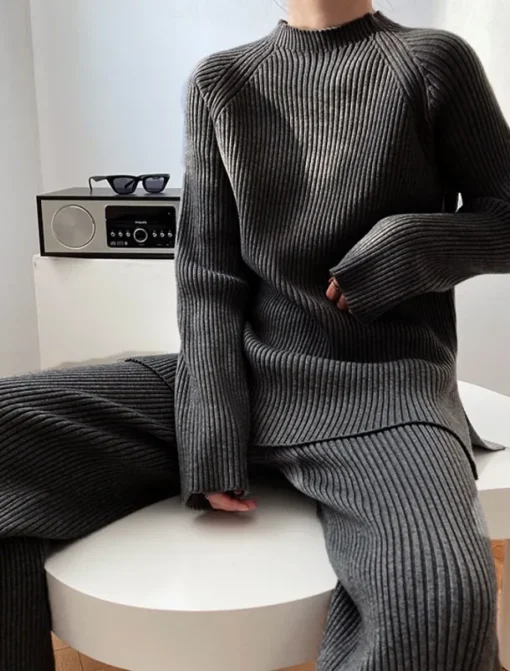 Women's Sweater Co-ords Elegant Fashion Casual Solid Color Ribbed Boat Neck Knitted Long Sleeve Regular Tops Knit Work Blue Khaki Fall Winter