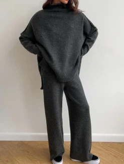 Women's Sweater Co-ords Sweater Set Casual Soft Pure Color Ribbed Turtleneck Split Knitted Long Sleeve Regular Tops Knit Outdoor Daily Weekend Khaki Dark Gray Fall Winter