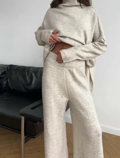 Women's Sweater Co-ords Sweater Set Casual Soft Pure Color Ribbed Turtleneck Split Knitted Long Sleeve Regular Tops Knit Outdoor Daily Weekend Khaki Dark Gray Fall Winter