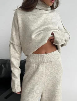 Women's Sweater Co-ords Sweater Set Casual Soft Pure Color Ribbed Turtleneck Split Knitted Long Sleeve Regular Tops Knit Outdoor Daily Weekend Khaki Dark Gray Fall Winter