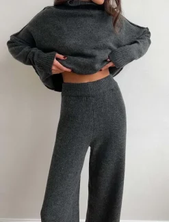 Women's Sweater Co-ords Sweater Set Casual Soft Pure Color Ribbed Turtleneck Split Knitted Long Sleeve Regular Tops Knit Outdoor Daily Weekend Khaki Dark Gray Fall Winter