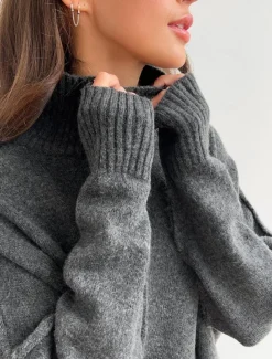 Women's Sweater Co-ords Sweater Set Casual Soft Pure Color Ribbed Turtleneck Split Knitted Long Sleeve Regular Tops Knit Outdoor Daily Weekend Khaki Dark Gray Fall Winter