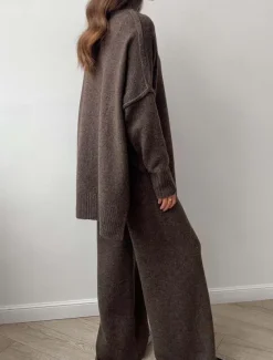 Women's Sweater Co-ords Sweater Set Casual Soft Pure Color Ribbed Turtleneck Split Knitted Long Sleeve Regular Tops Knit Outdoor Daily Weekend Khaki Dark Gray Fall Winter