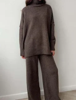 Women's Sweater Co-ords Sweater Set Casual Soft Pure Color Ribbed Turtleneck Split Knitted Long Sleeve Regular Tops Knit Outdoor Daily Weekend Khaki Dark Gray Fall Winter