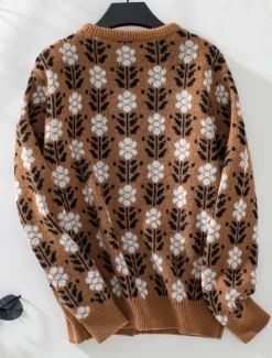 Women's Sweater Daily Casual Graphic Print Open Front Floral Knitted Long Sleeve Regular Tops Knit Home Work Brown Gray Fall Winter