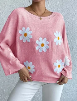 Women's Sweater Daily Casual Floral Graphic Print Crew Neck Knitted Long Sleeve Long Tops Knit Home Work Daily Pink Blue Fall Winter