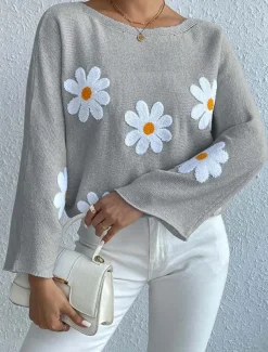 Women's Sweater Daily Casual Floral Graphic Print Crew Neck Knitted Long Sleeve Long Tops Knit Home Work Daily Pink Blue Fall Winter