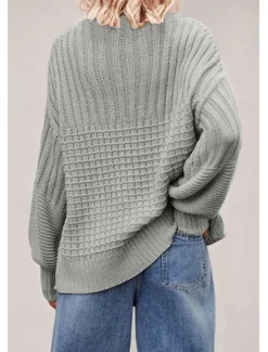 Women's Sweater Daily Casual Pure Color Crew Neck Knitted Textured Lantern Sleeve Long Sleeve Long Tops Knit Formal Home Work Green Khaki Fall Winter