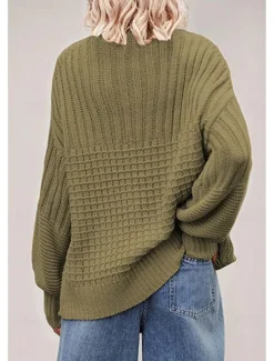 Women's Sweater Daily Casual Pure Color Crew Neck Knitted Textured Lantern Sleeve Long Sleeve Long Tops Knit Formal Home Work Green Khaki Fall Winter