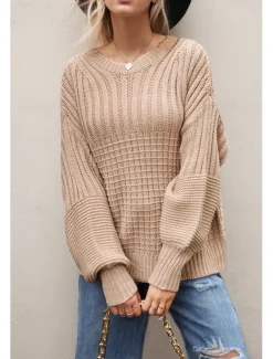 Women's Sweater Daily Casual Pure Color Crew Neck Knitted Textured Lantern Sleeve Long Sleeve Long Tops Knit Formal Home Work Green Khaki Fall Winter