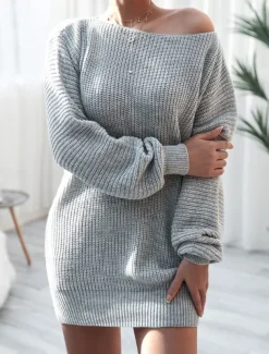 Women's Sweater Dress Casual Soft Solid Color Ribbed Crew Neck Pocket Knitted Cold Shoulder Long Sleeve Long Tops Knit Outdoor Daily Weekend White Pink Fall Winter