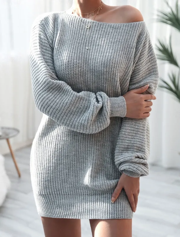 Women's Sweater Dress Casual Soft Solid Color Ribbed Crew Neck Pocket Knitted Cold Shoulder Long Sleeve Long Tops Knit Outdoor Daily Weekend White Pink Fall Winter
