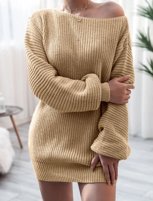 Women's Sweater Dress Casual Soft Solid Color Ribbed Crew Neck Pocket Knitted Cold Shoulder Long Sleeve Long Tops Knit Outdoor Daily Weekend White Pink Fall Winter