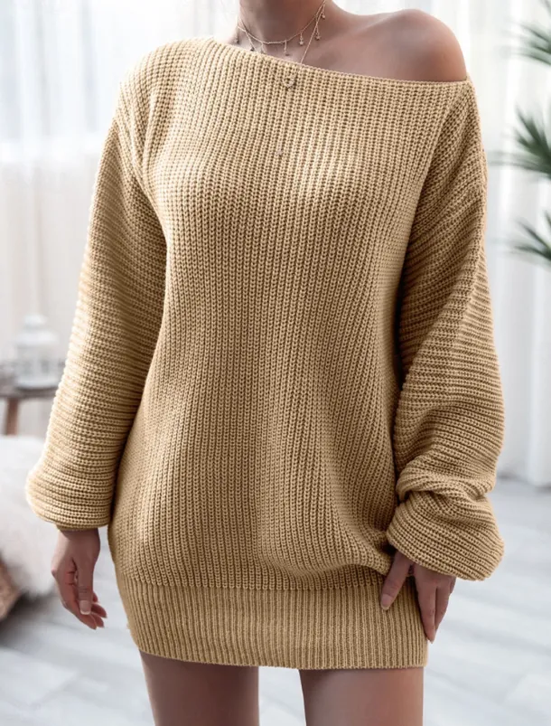 Women's Sweater Dress Casual Soft Solid Color Ribbed Crew Neck Pocket Knitted Cold Shoulder Long Sleeve Long Tops Knit Outdoor Daily Weekend White Pink Fall Winter