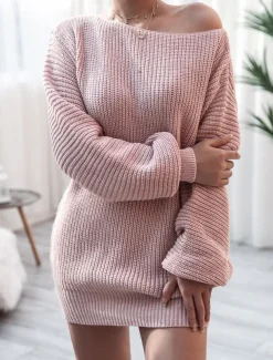 Women's Sweater Dress Casual Soft Solid Color Ribbed Crew Neck Pocket Knitted Cold Shoulder Long Sleeve Long Tops Knit Outdoor Daily Weekend White Pink Fall Winter