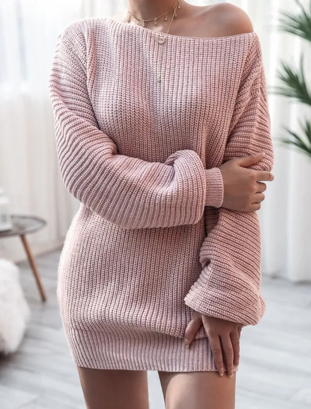 Women's Sweater Dress Casual Soft Solid Color Ribbed Crew Neck Pocket Knitted Cold Shoulder Long Sleeve Long Tops Knit Outdoor Daily Weekend White Pink Fall Winter