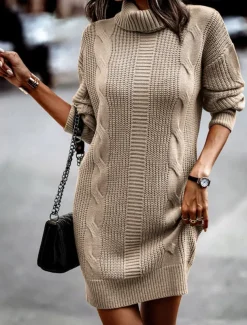 Women's Sweater Dress Casual Soft Pure Color Cable Turtleneck Knitted Long Sleeve Long Tops Knit Outdoor Daily Weekend Pink Khaki Fall Winter