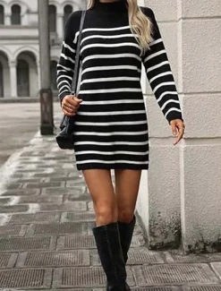 Women's Sweater Dress Casual Striped Mock Neck Print Long Sleeve Regular Tops Knit Work Daily White / Black Green Fall Winter