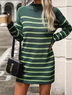 Women's Sweater Dress Casual Striped Mock Neck Print Long Sleeve Regular Tops Knit Work Daily White / Black Green Fall Winter
