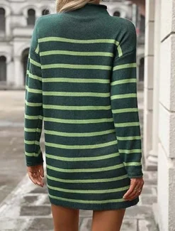 Women's Sweater Dress Casual Striped Mock Neck Print Long Sleeve Regular Tops Knit Work Daily White / Black Green Fall Winter