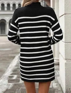 Women's Sweater Dress Casual Striped Mock Neck Print Long Sleeve Regular Tops Knit Work Daily White / Black Green Fall Winter