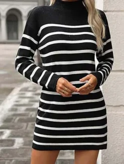 Women's Sweater Dress Casual Striped Mock Neck Print Long Sleeve Regular Tops Knit Work Daily White / Black Green Fall Winter