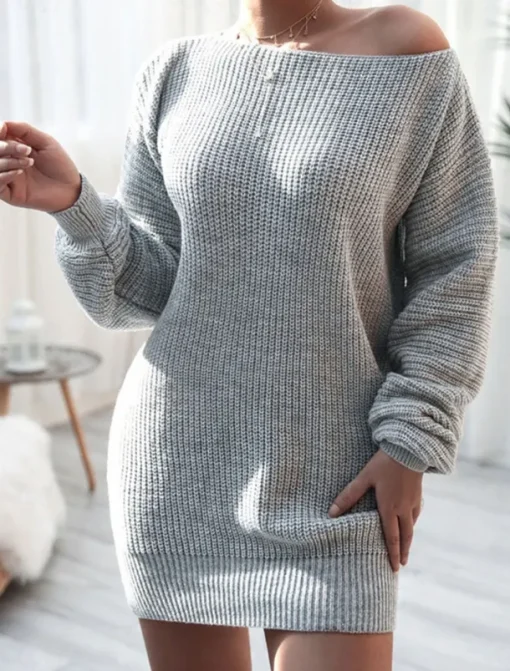 Women's Sweater Dress Casual Soft Pure Color Ribbed Boat Neck Knitted Long Sleeve Long Tops Knit Outdoor Daily Weekend Pink Blue Fall Winter