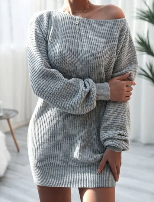 Women's Sweater Dress Casual Soft Pure Color Ribbed Boat Neck Knitted Long Sleeve Long Tops Knit Outdoor Daily Weekend Pink Blue Fall Winter