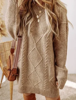 Women's Sweater Dress Casual Soft Pure Color Cable Crew Neck Knitted Long Sleeve Long Tops Knit Outdoor Daily Weekend Black Green Fall Winter