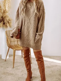 Women's Sweater Dress Casual Soft Pure Color Cable Crew Neck Knitted Long Sleeve Long Tops Knit Outdoor Daily Weekend Black Green Fall Winter