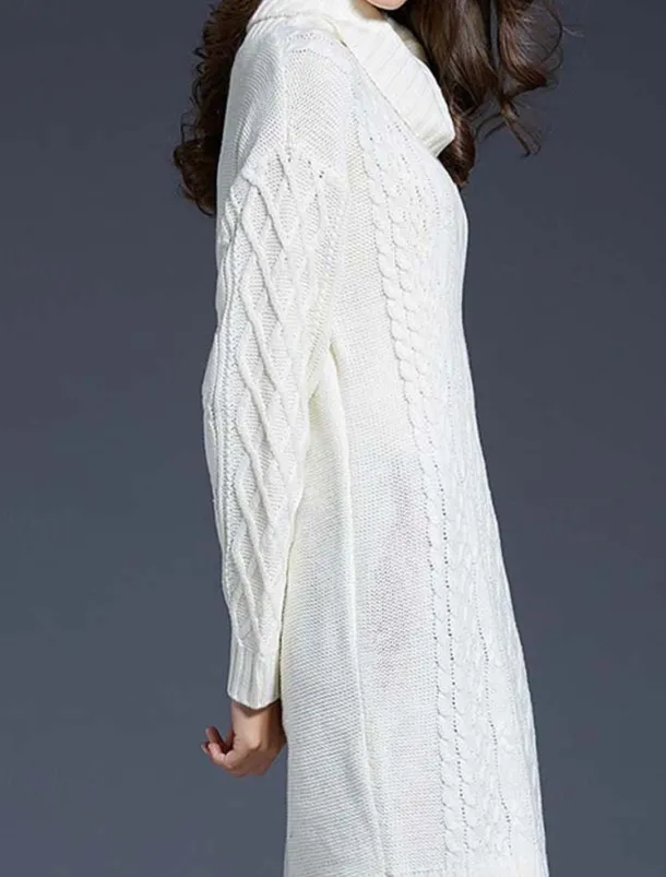 Women's Sweater Dress Casual Soft Pure Color Cable Turtleneck Knitted Long Sleeve Long Tops Knit Outdoor Daily Weekend White Wine Fall Winter