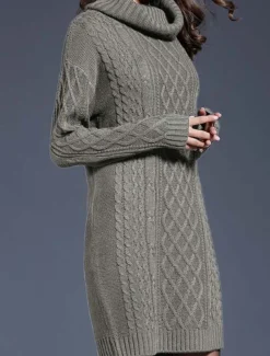 Women's Sweater Dress Casual Soft Pure Color Cable Turtleneck Knitted Long Sleeve Long Tops Knit Outdoor Daily Weekend White Wine Fall Winter