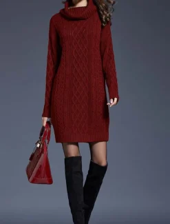 Women's Sweater Dress Casual Soft Pure Color Cable Turtleneck Knitted Long Sleeve Long Tops Knit Outdoor Daily Weekend White Wine Fall Winter