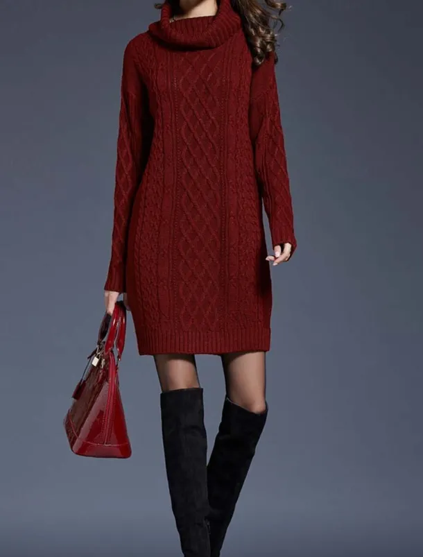Women's Sweater Dress Casual Soft Pure Color Cable Turtleneck Knitted Long Sleeve Long Tops Knit Outdoor Daily Weekend White Wine Fall Winter