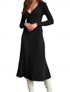Women's Sweater Dress Elegant Fashion Daily Solid Color Striped V Neck Pleated Knitted Long Sleeve Long Tops Knit Formal Work White / Black Khaki Fall Winter