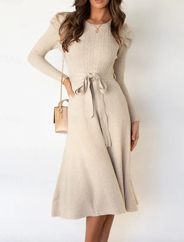 Women's Sweater Dress Knit Dress Jumper Dress Midi Dress Knitwear Fashion Daily Pure Color Outdoor Daily Vacation Going out Crew Neck Long Sleeve Tie Front Ruched 2023 Regular Fit Black Red Green S M