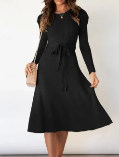 Women's Sweater Dress Knit Dress Jumper Dress Midi Dress Knitwear Fashion Daily Pure Color Outdoor Daily Vacation Going out Crew Neck Long Sleeve Tie Front Ruched 2023 Regular Fit Black Red Green S M