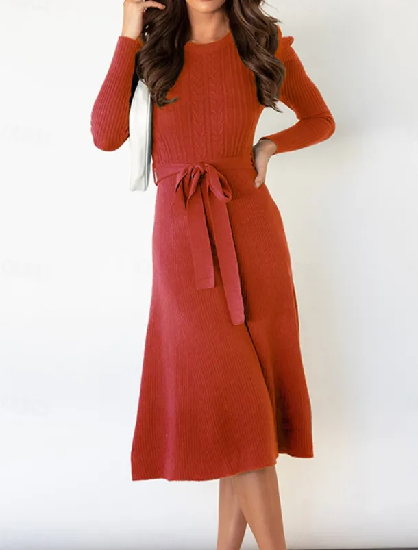 Women's Sweater Dress Knit Dress Jumper Dress Midi Dress Knitwear Fashion Daily Pure Color Outdoor Daily Vacation Going out Crew Neck Long Sleeve Tie Front Ruched 2023 Regular Fit Black Red Green S M