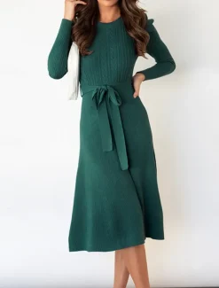 Women's Sweater Dress Knit Dress Jumper Dress Midi Dress Knitwear Fashion Daily Pure Color Outdoor Daily Vacation Going out Crew Neck Long Sleeve Tie Front Ruched 2023 Regular Fit Black Red Green S M