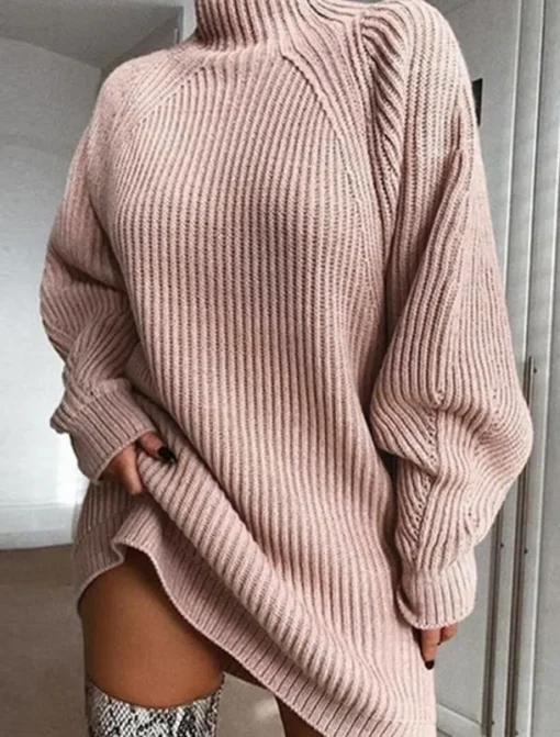 Women's Sweater Dress Knit Dress Jumper Dress Mini Dress Knitwear Stylish Basic Print Pure Color Winter Dress Daily Holiday Fall Dress Turtleneck Long Sleeve Knit 2023 Loose Fit Pink Wine Light Grey