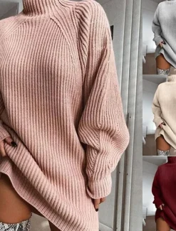 Women's Sweater Dress Knit Dress Jumper Dress Mini Dress Knitwear Stylish Basic Print Pure Color Winter Dress Daily Holiday Fall Dress Turtleneck Long Sleeve Knit 2023 Loose Fit Pink Wine Light Grey