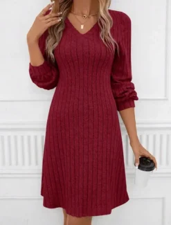 Women's Sweater Dress Mini Dress Patchwork Casual V Neck Long Sleeve Black Wine Color