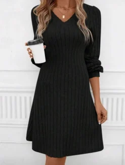 Women's Sweater Dress Mini Dress Patchwork Casual V Neck Long Sleeve Black Wine Color